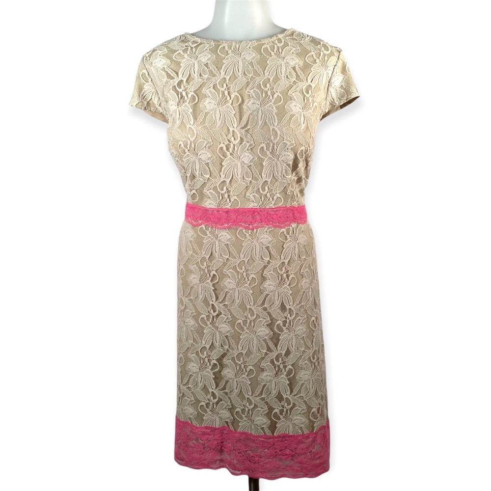Danny & Nicole Shift Dress in Tan and Fuchsia Lace Overlay sz 16